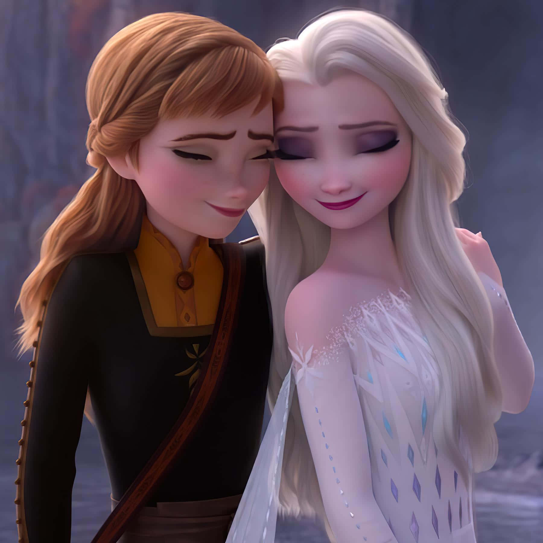 冰雪奇緣姐妹圖 壁紙 — 《魔雪奇緣》中的安娜和愛莎在柔和的雪景中額頭相貼，分享溫馨時刻。
