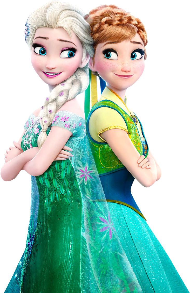 冰雪奇緣姐妹艾莎與安娜 壁紙 — 《魔雪奇緣》中的愛莎和安娜穿著鮮豔的裙子，交叉雙臂，背對背站在黑色背景前。