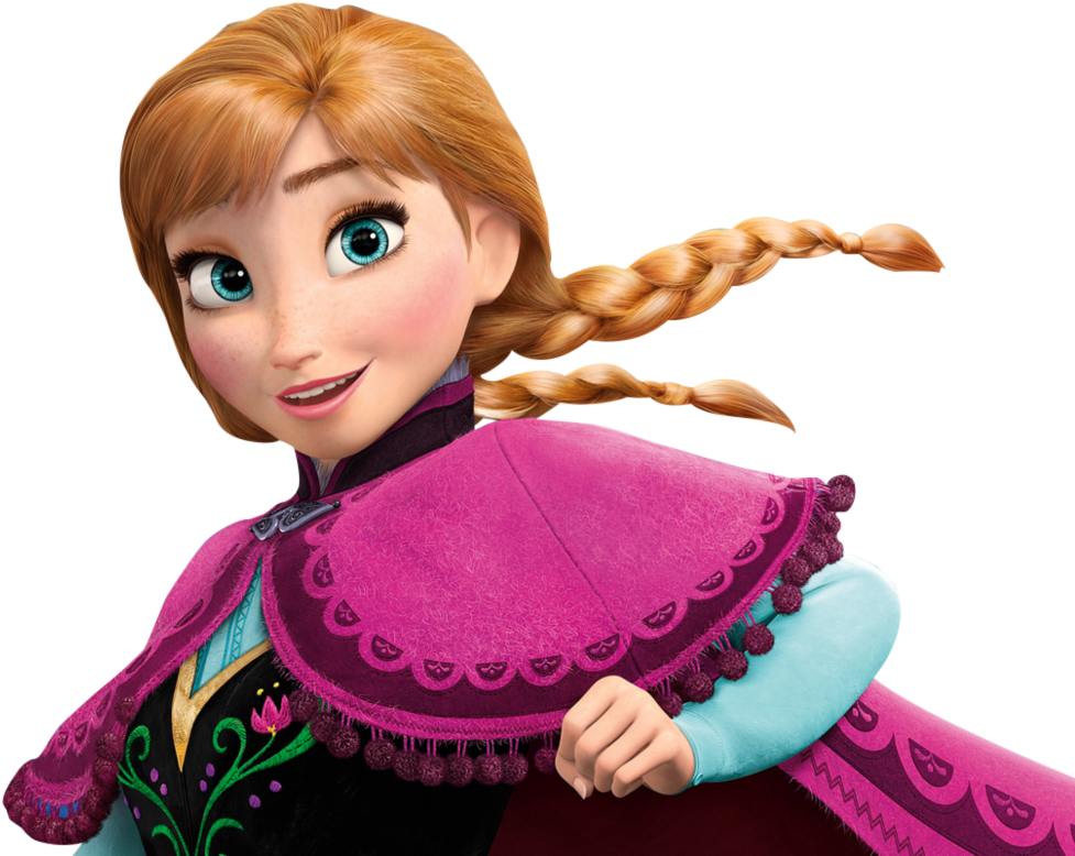 冰雪奇緣安娜公主微笑特寫 壁紙 — 一位開心的動畫公主，梳著辮子金髮，明亮的藍色眼睛，在黑色背景前穿著鮮豔的粉紅色斗篷。