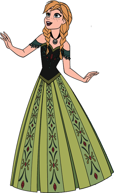 冰雪奇緣安娜角色插畫 壁紙 — 一位開心的動畫公主，編著金色辮子，穿著綠色圖案長袍，在黑色背景前熱情地做手勢。