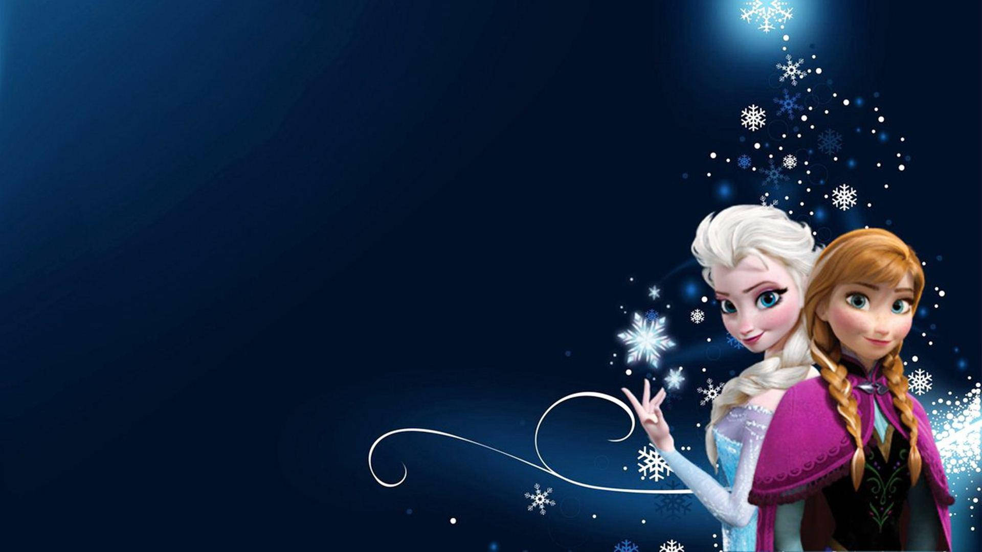 Disney Princess 桌布 壁紙 — 冰雪奇緣的艾莎和安娜站在深藍色背景前，周圍有閃閃發光的雪花和魔法漩渦。