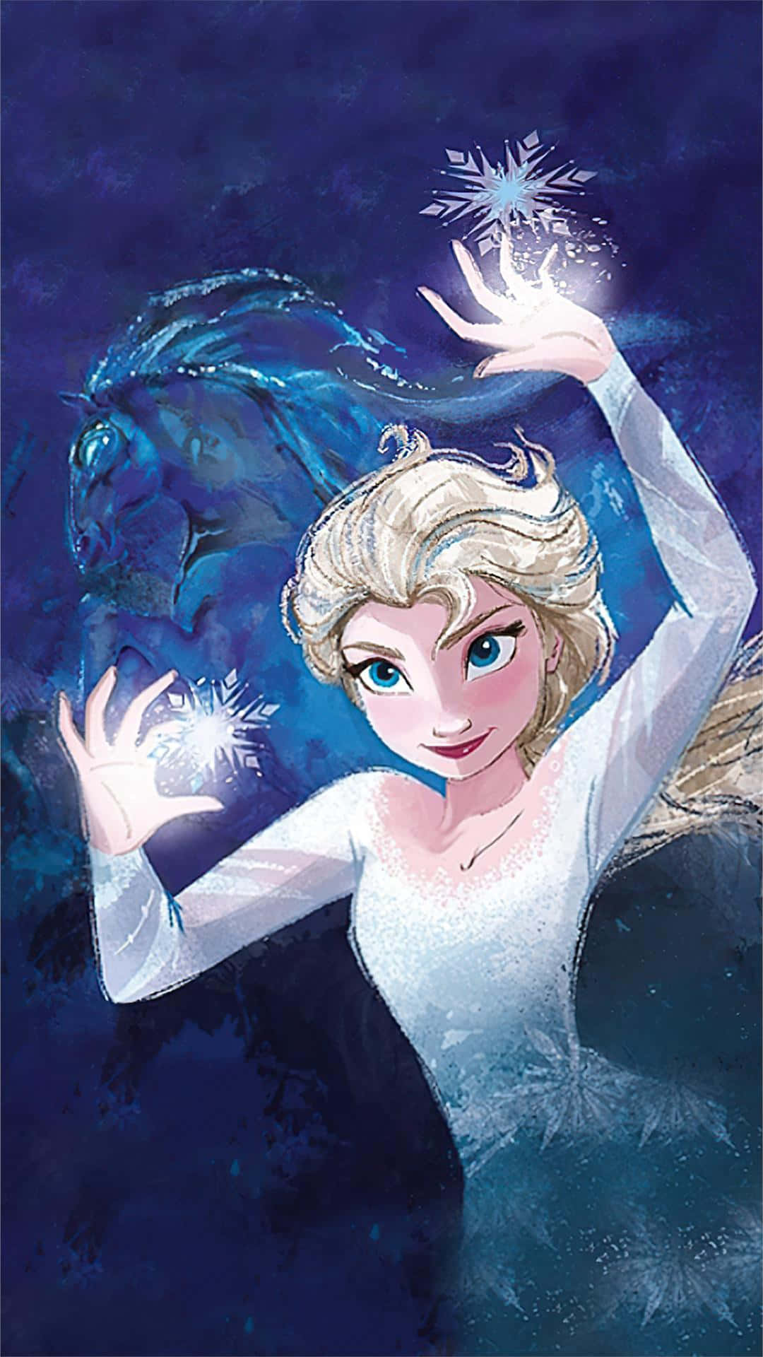 魔雪奇緣2 桌布 壁紙 — 冰雪奇緣的艾莎在深藍色神秘背景下施展冰魔法，伴隨著發光的雪花。