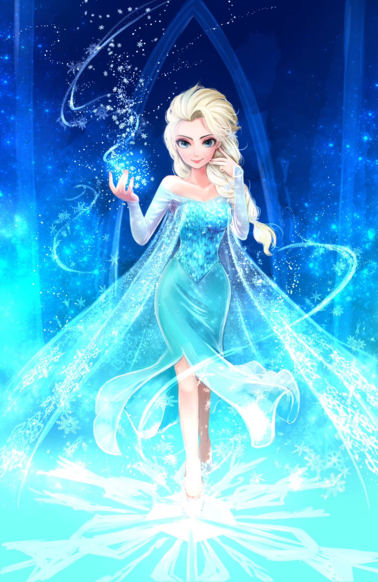 冰雪奇緣中的艾莎在發光的藍色冬季場景中施展冰魔法。