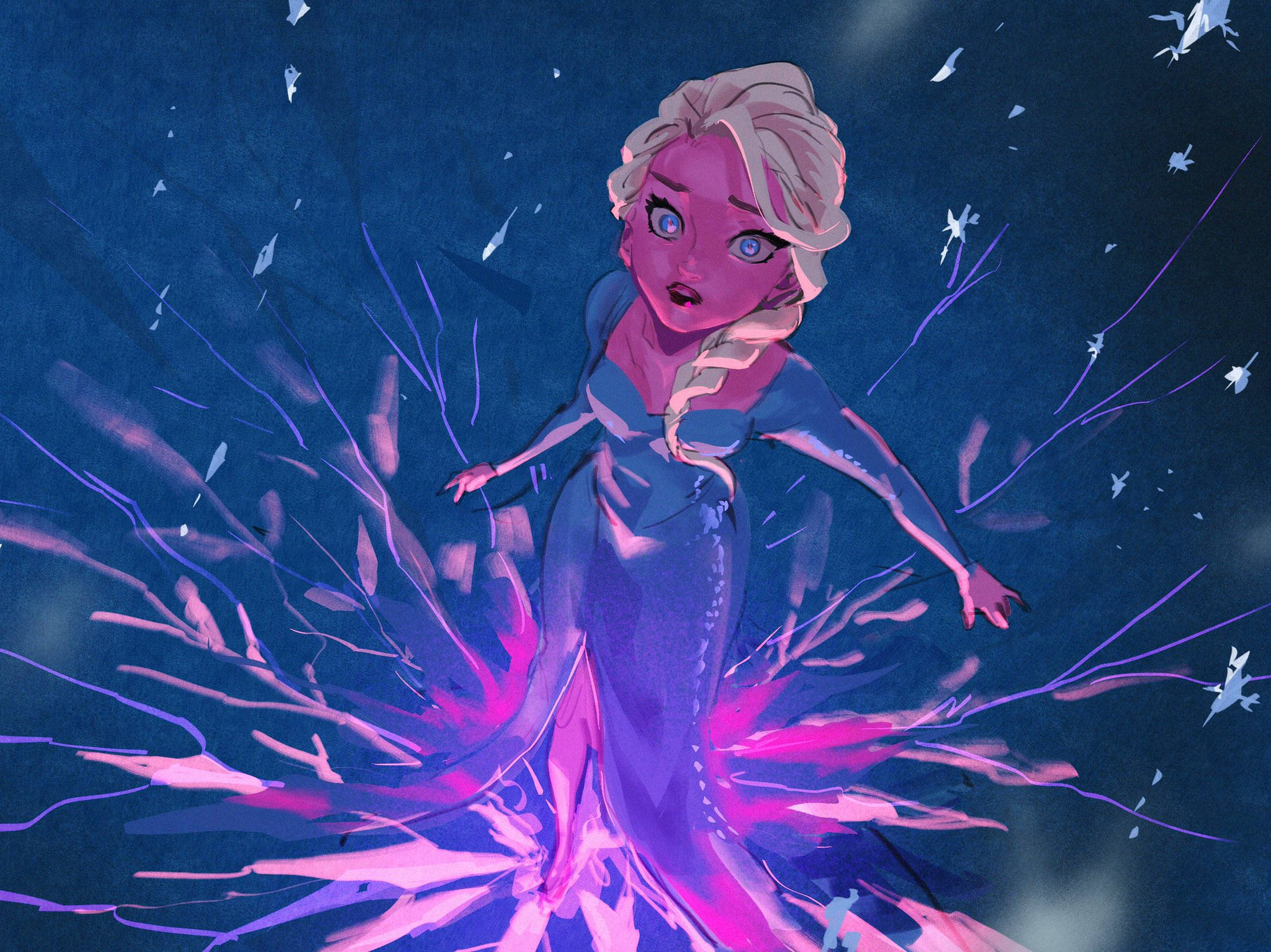 冰雪奇緣艾莎動畫版 壁紙 — 一位風格化的動畫公主，金髮藍眼，站在深藍色背景前，周圍是充滿活力的粉紅色和紫色魔法冰碎片。