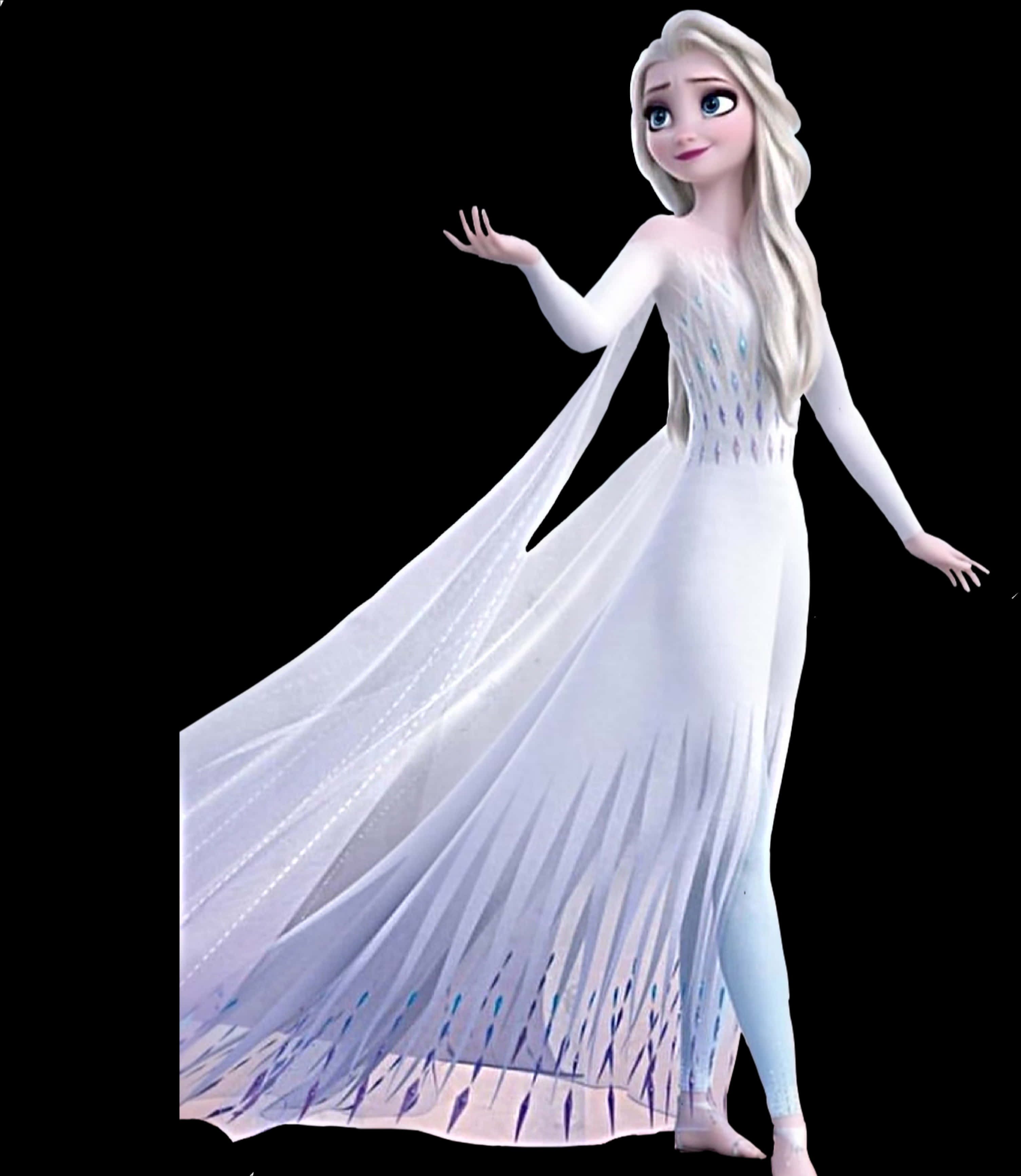 冰雪奇緣艾莎白色禮服 壁紙 — 《魔雪奇緣》的愛莎身穿飄逸的白色長裙，帶有冰藍色點綴，優雅地站在黑色背景前。