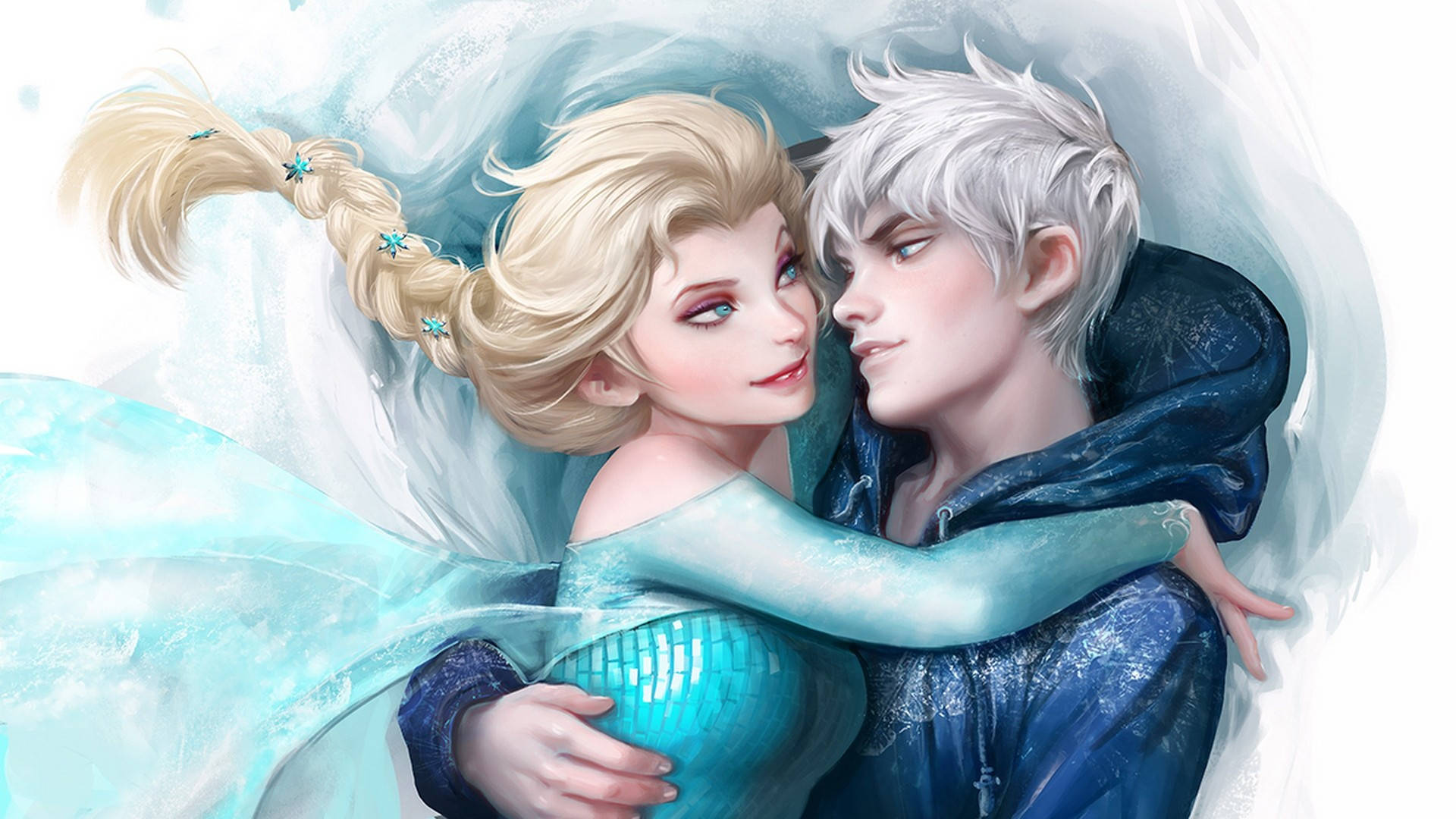 冰雪奇緣艾莎與傑克·弗羅斯特同人藝術 壁紙 — 艾莎與積克· frost 在旋轉的冰藍色光環中溫柔擁抱，她編織的頭髮上有星形裝飾。