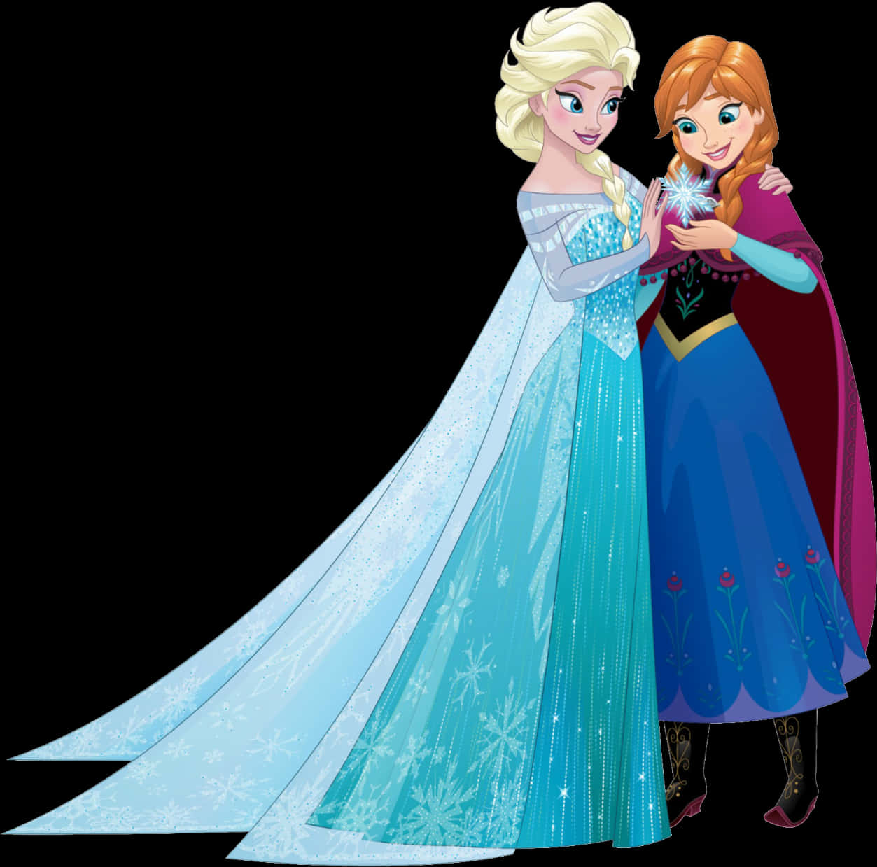 冰雪奇緣艾莎與安娜姐妹 壁紙 — 《魔雪奇緣》的愛莎和安娜在黑色背景前一起拿著發光的雪花，分享歡樂時刻。