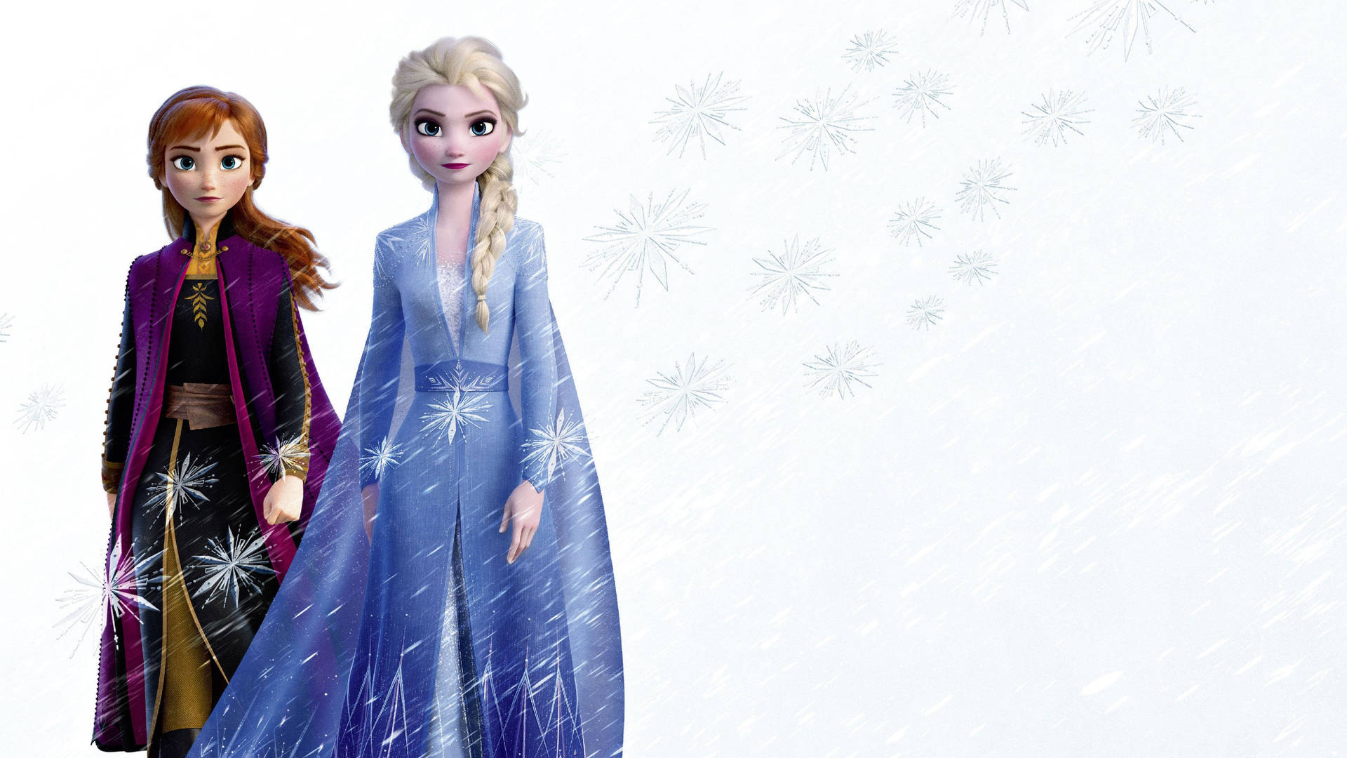 《魔雪奇緣》的安娜和愛莎身穿冬日服裝，雪花在他們周圍飄落。