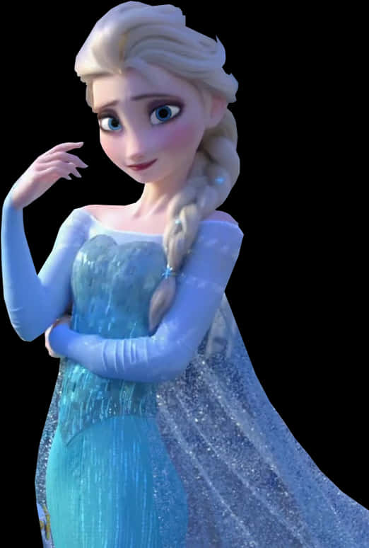 冰雪奇緣艾莎角色姿勢 壁紙 — 冰雪奇緣中的艾莎穿著標誌性的冰禮服，辮子金髮，背景為黑色。