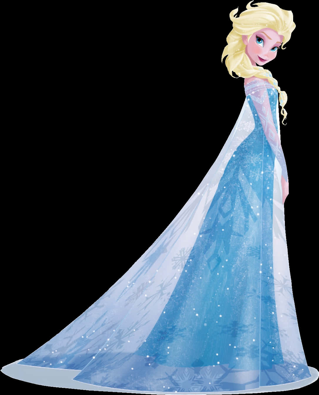 冰雪奇緣艾莎角色插畫 壁紙 — 《魔雪奇緣》中的愛莎身穿標誌性的冰藍色長裙，帶有雪花圖案和閃亮細節，背景為黑色。