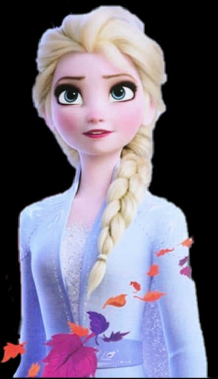 冰雪奇緣艾莎角色肖像 壁紙 — 冰雪奇緣的艾莎站在黑色背景前，秋葉環繞著她冰藍色的長袍旋轉。