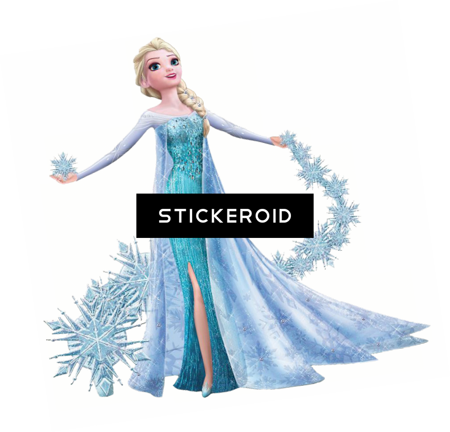 冰雪奇緣艾莎雪花禮服圖案 壁紙 — 《魔雪奇緣》的愛莎優雅地站立，身穿標誌性的冰藍色長裙，周圍環繞著巨大的閃爍雪花。
