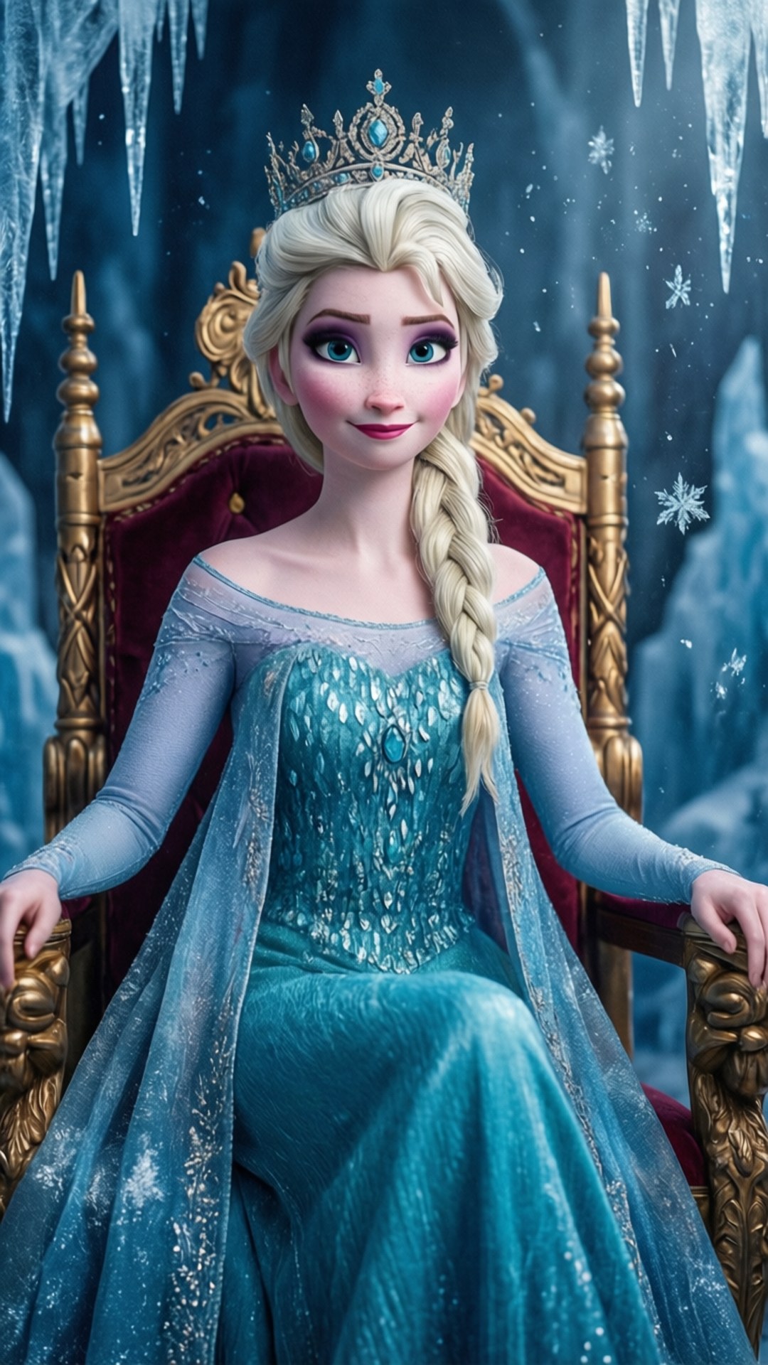 冰雪女王艾莎 壁紙 — 愛莎威嚴地坐在冰封王座廳中的黃金王座上，周圍有冰柱和雪花旋轉環繞。