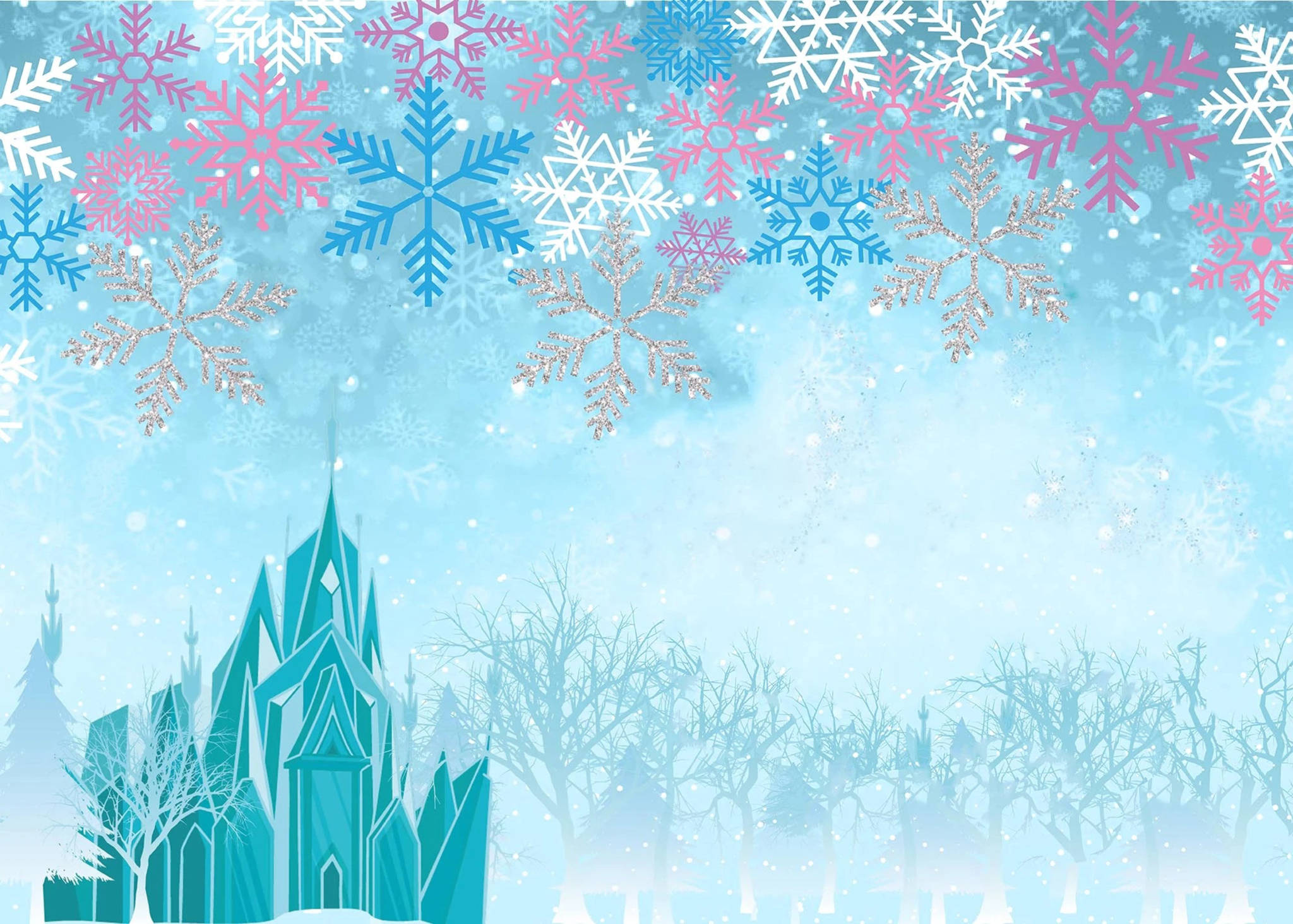 冰雪王國城堡彩色雪花 壁紙 — 一個風格化的冰城堡，光禿禿的樹木，天空充滿粉紅色、藍色和銀色的雪花。