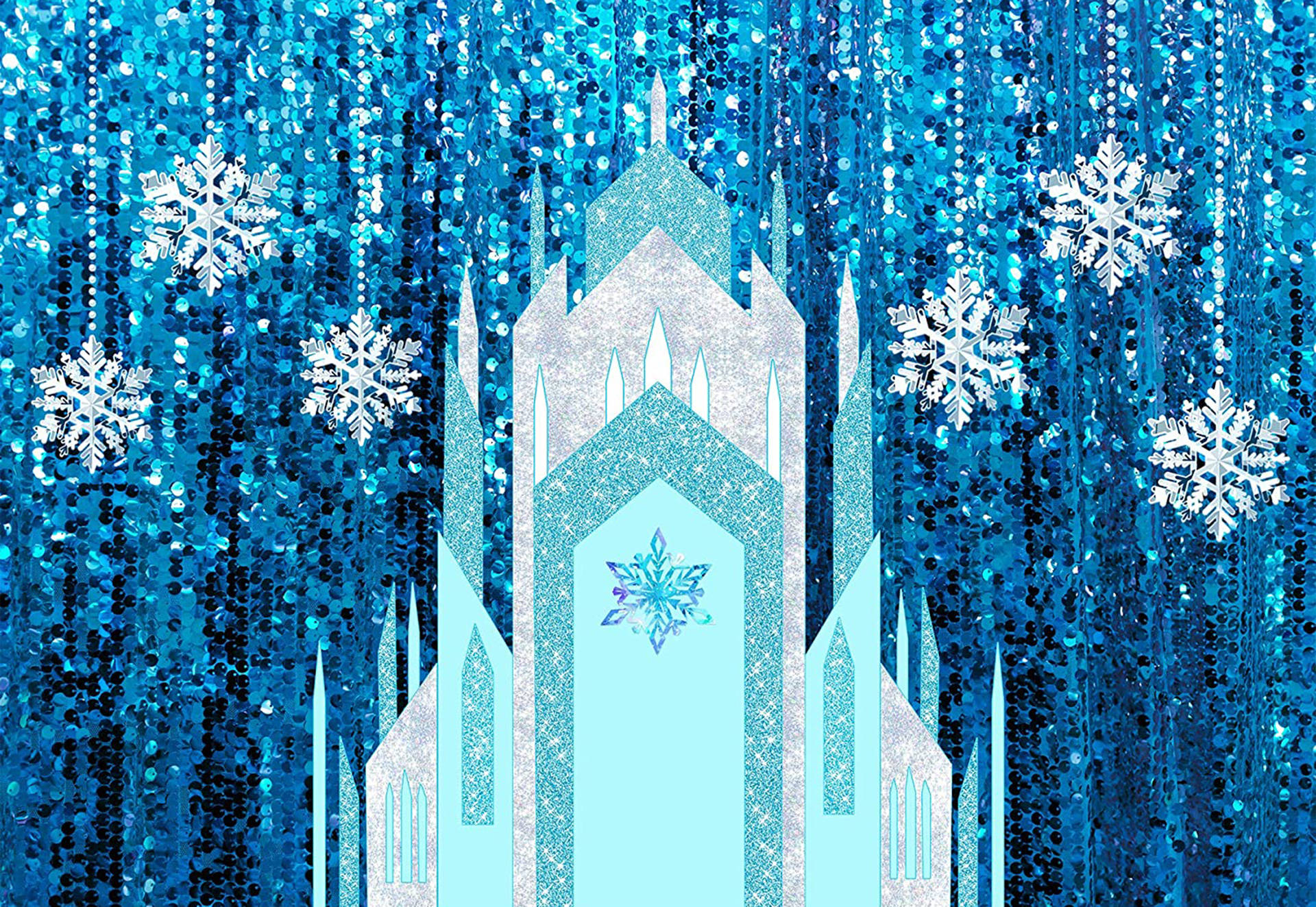 冰雪王國城堡雪花 壁紙 — 一座閃閃發光的藍色城堡，帶有雪花，懸掛在冰色調的亮片背景上。