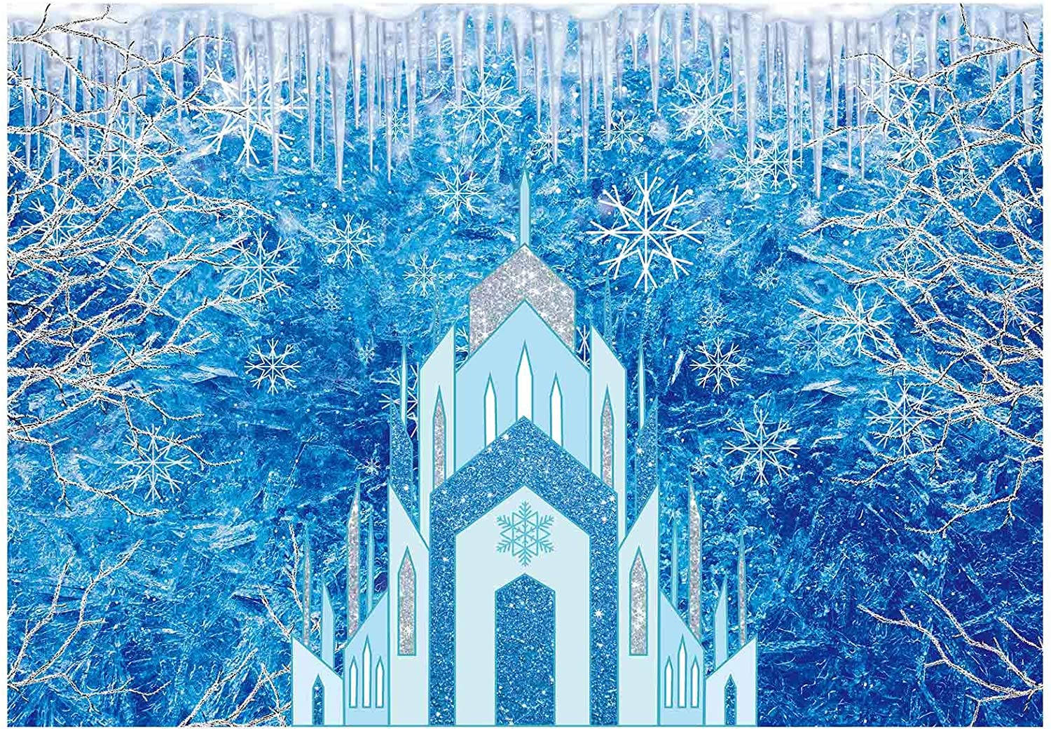 冰雪王國城堡霜凍 壁紙 — 一座閃閃發光的藍色冰城堡，帶有冰柱和雪花，被霜凍的樹枝框住，背景是充滿活力的冰天雪地。