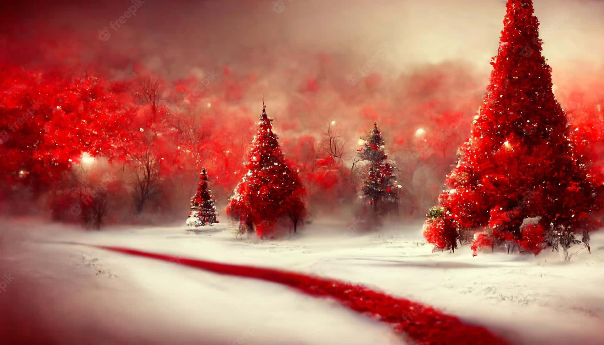 深紅天空下，雪地森林中閃耀的紅色樹木。