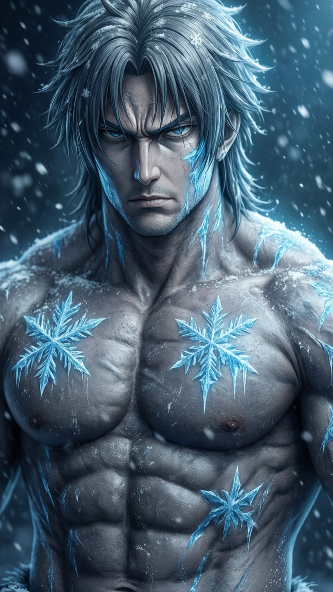 一個肌肉發達的動漫男人，在暴風雪中胸前有冰雪花。