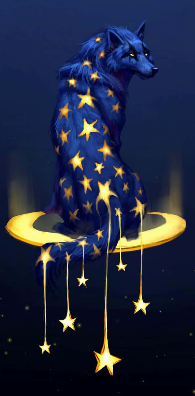 藍色狼與金色星星坐在新月上，背景是黑暗的天空。