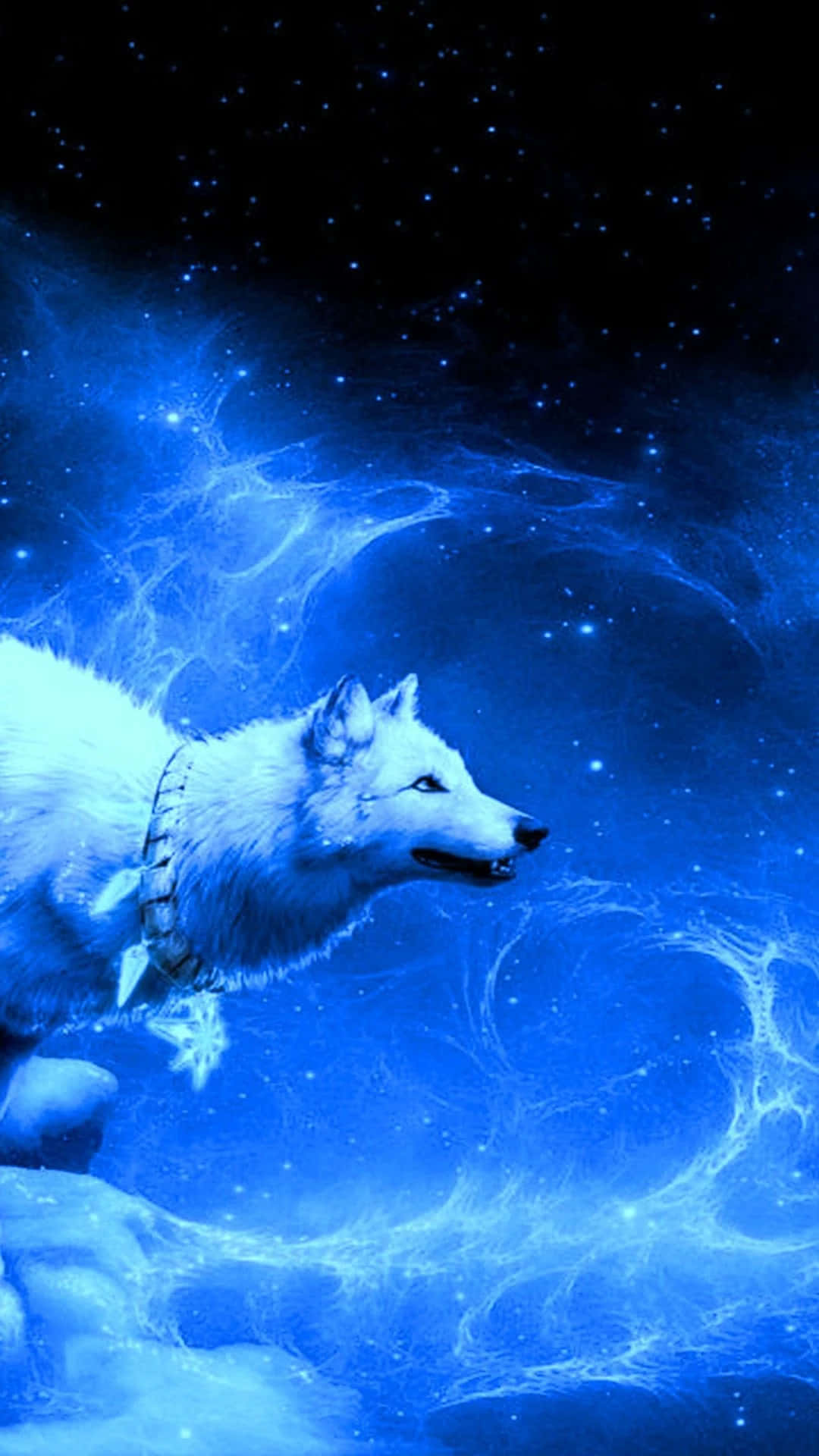 星空下，發光的藍色宇宙星雲中，戴著羽毛項圈的白狼。
