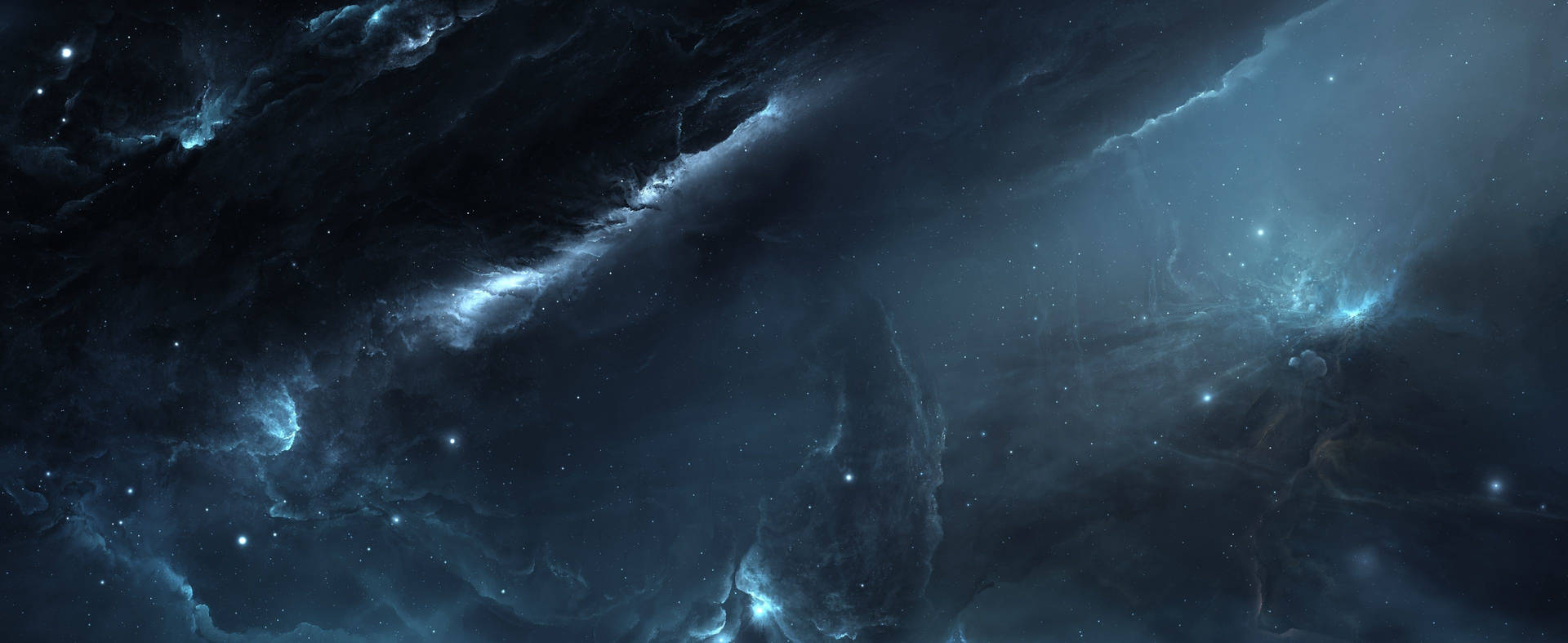黑暗的宇宙星雲，帶有發光的藍色雲團和散落的星星，在深空中。