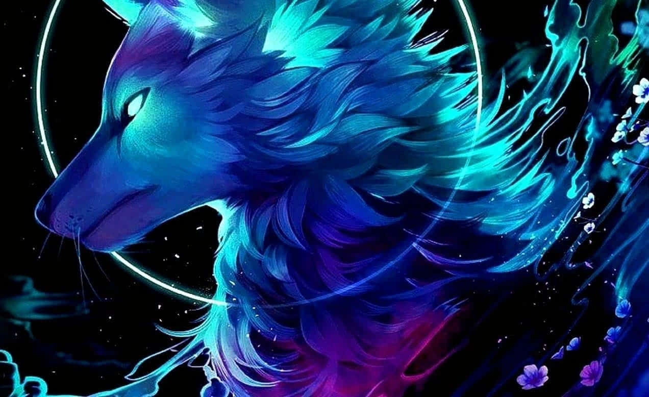 一隻發光嘅藍色同紫色狼，毛髮飄逸，喺一個宇宙場景入面，周圍有漂浮嘅花。