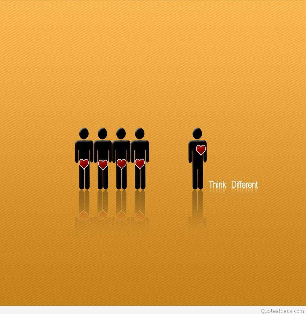 五個拿著心形的人排列成一行，一個分開並帶有「Think Different」文字。