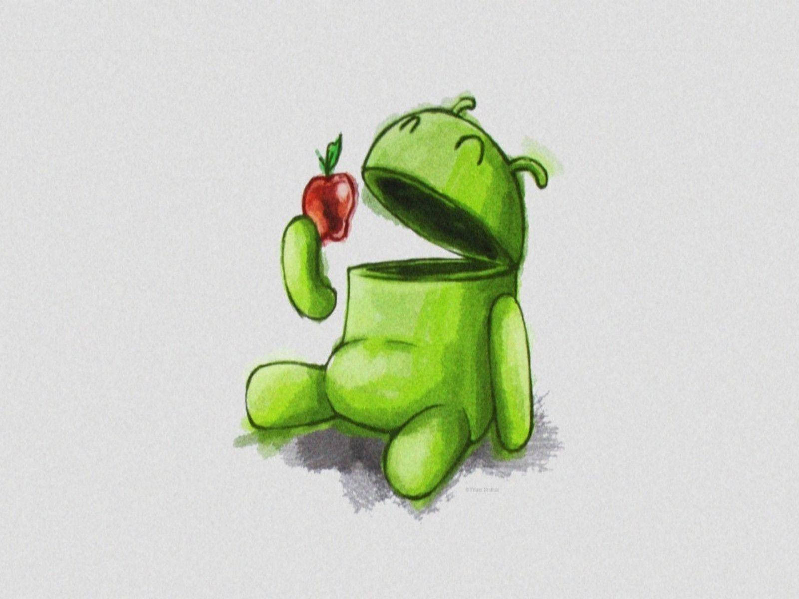 冷幽默安卓吃蘋果 壁紙 — 一個綠色Android吉祥物坐在純色背景前，手持一個紅蘋果，表情愉快。