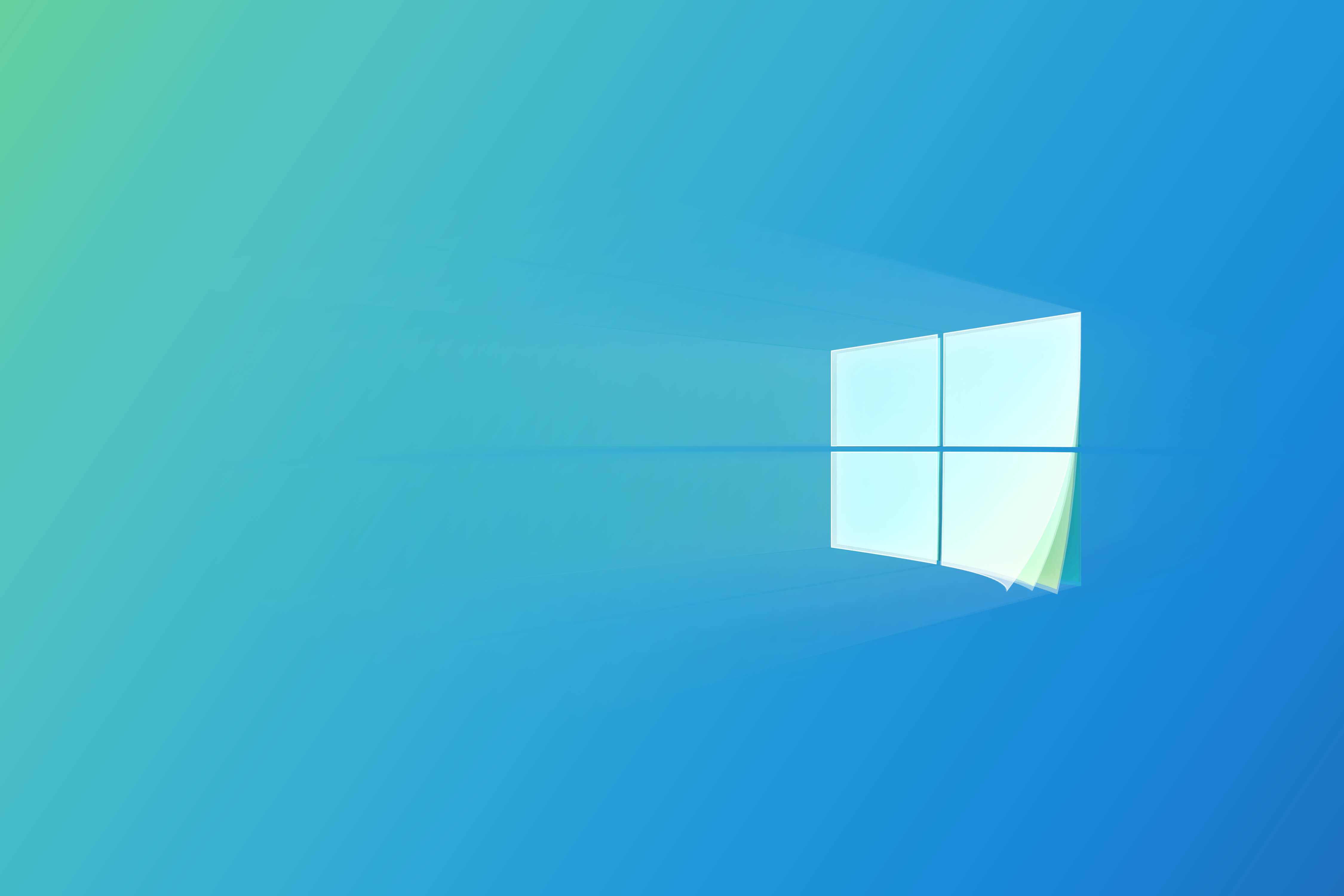 冷色 Windows 10 高清 壁紙 — 一個發光的Windows標誌漂浮在藍色和青綠色的漸變數位背景上。