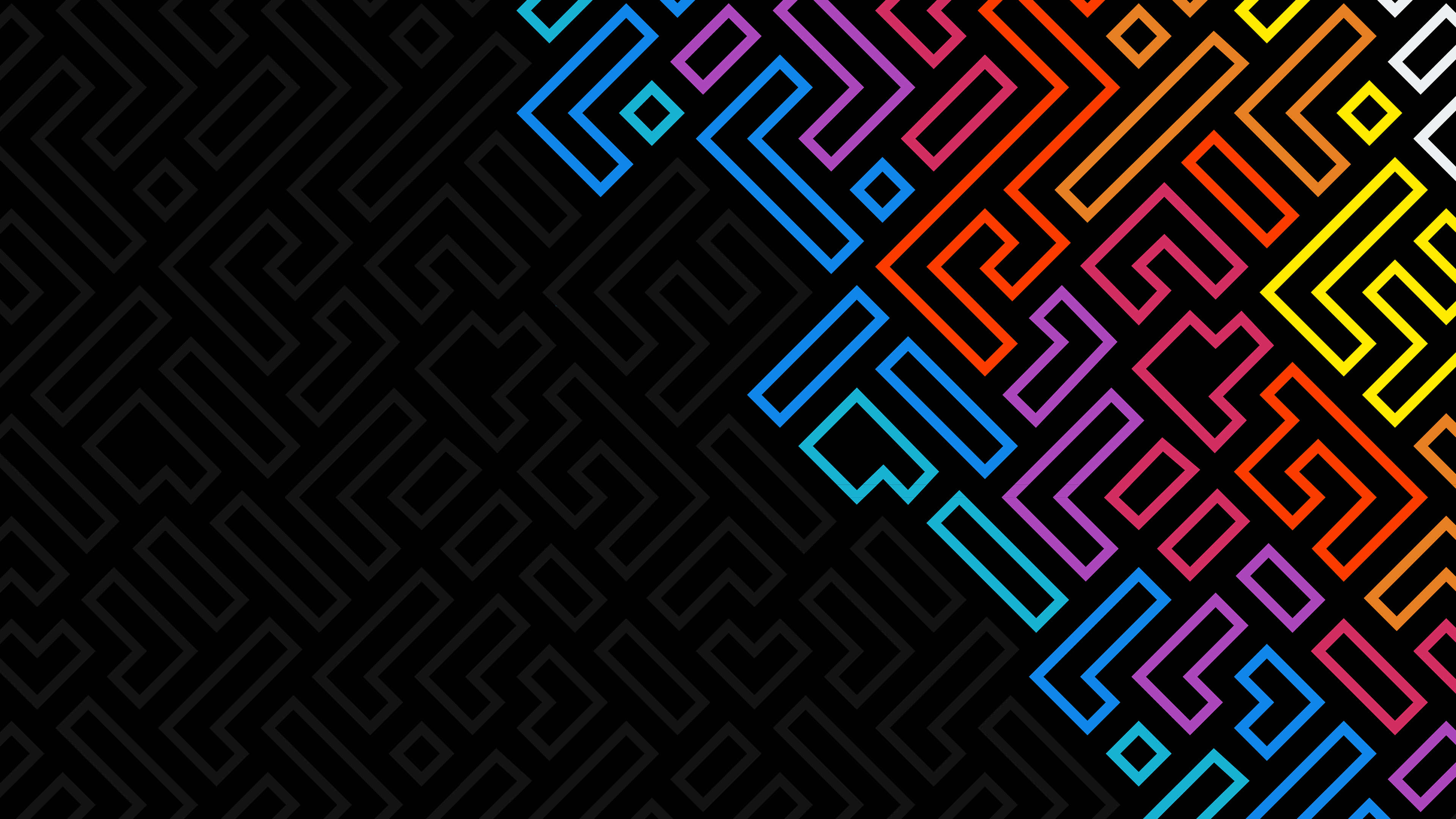 冷色系現代抽象背景 - 適合當代風格 壁紙 — 充滿活力的幾何迷宮圖案以彩虹色調對角線與黑色背景上的微妙灰色迷宮形成對比。