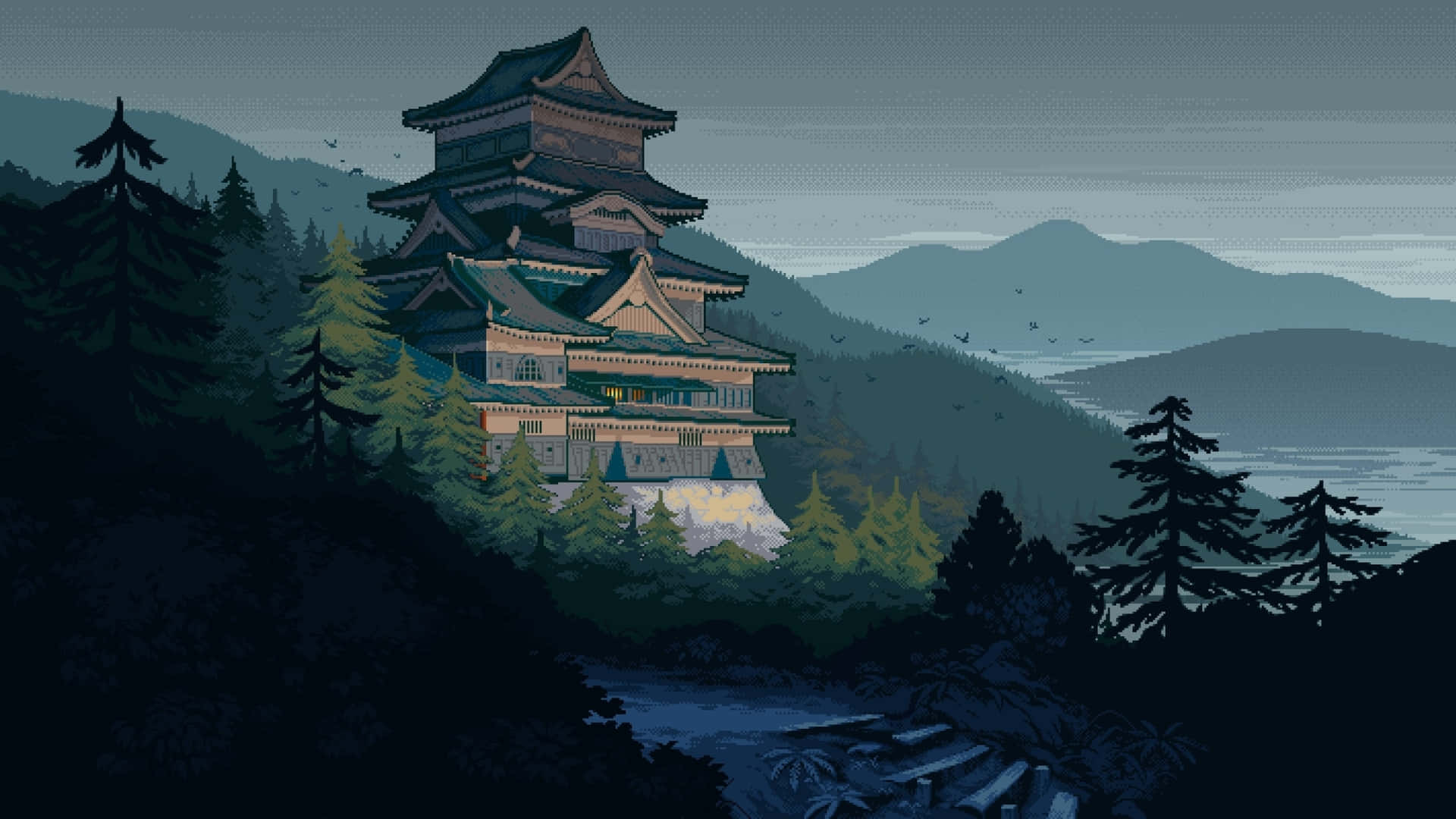 一座像素藝術風格的城堡，坐落在黃昏時分的森林山景中。