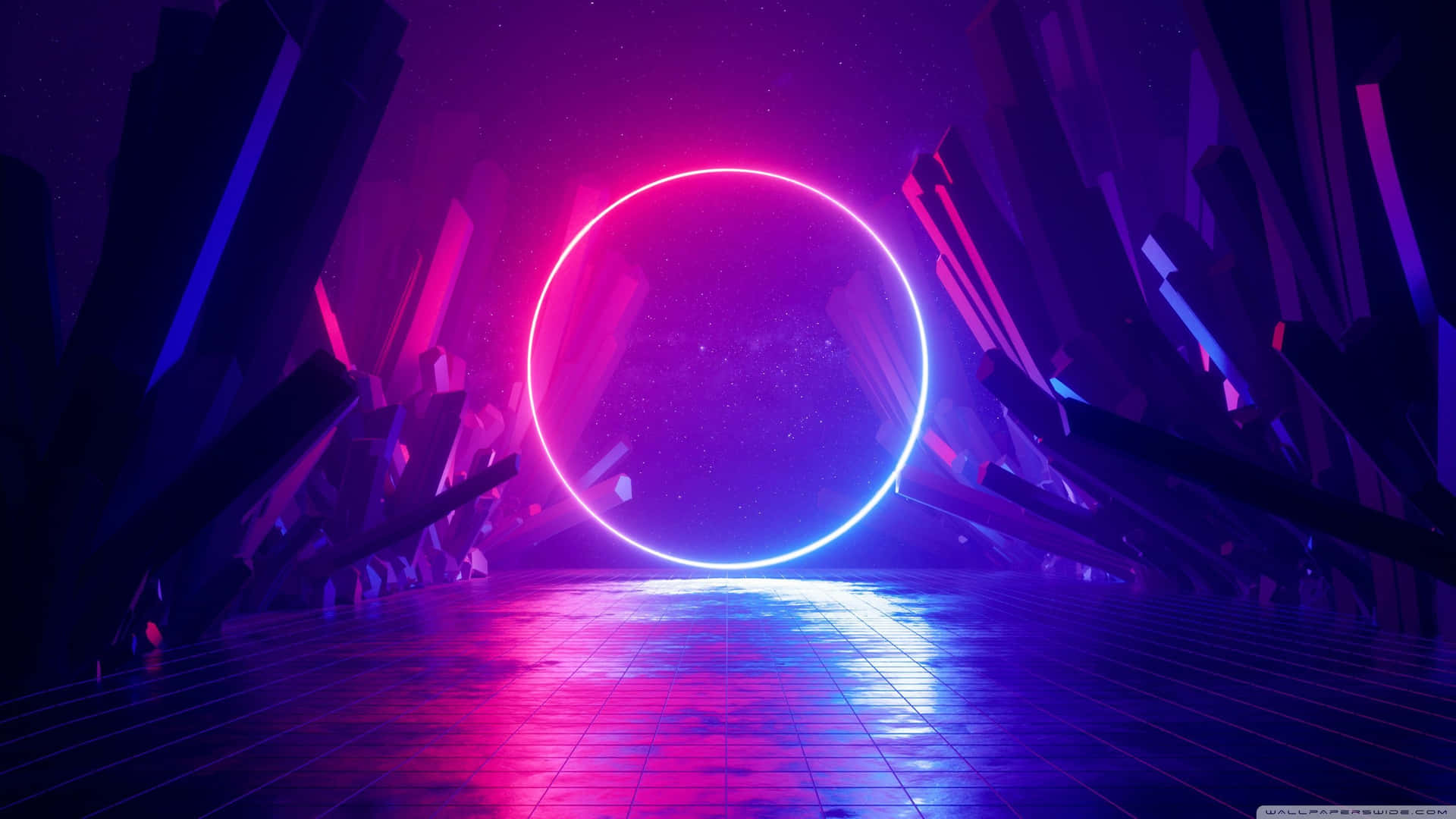 霓虹環在未來主義幾何隧道中發光，星空下。