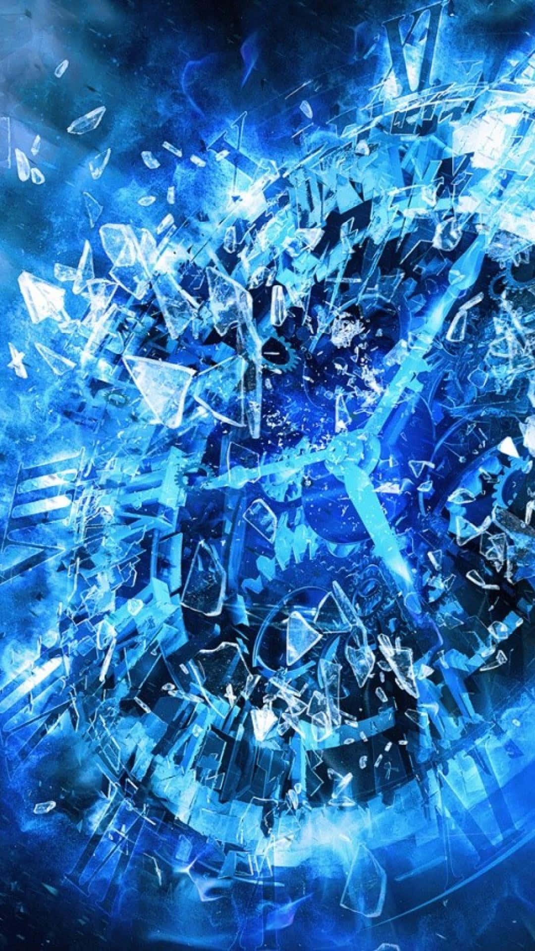 在宇宙背景下，電光藍色發光的碎玻璃碎片。