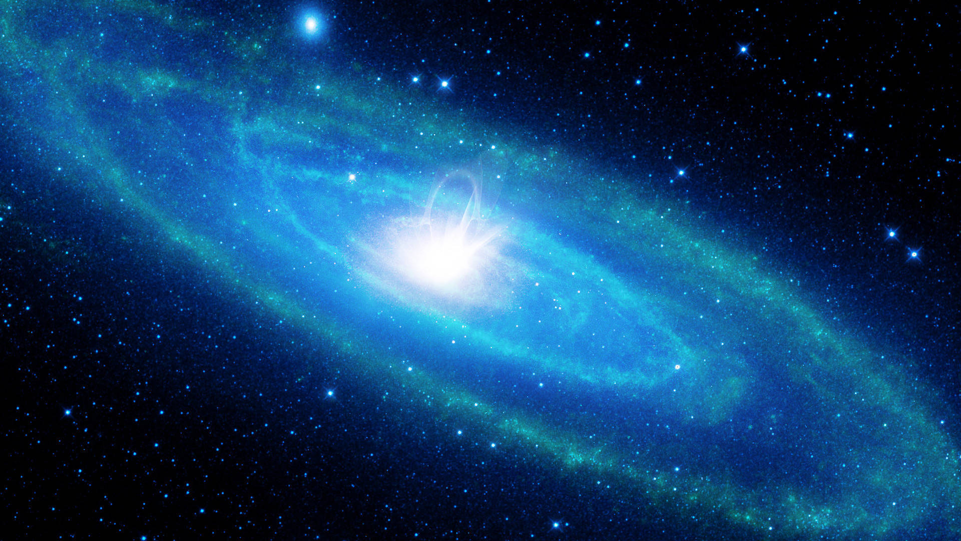冷藍色星系 壁紙 — 一個令人嘆為觀止的螺旋星系，在繁星點點的宇宙背景下散發著鮮豔的藍色和藍綠色調。