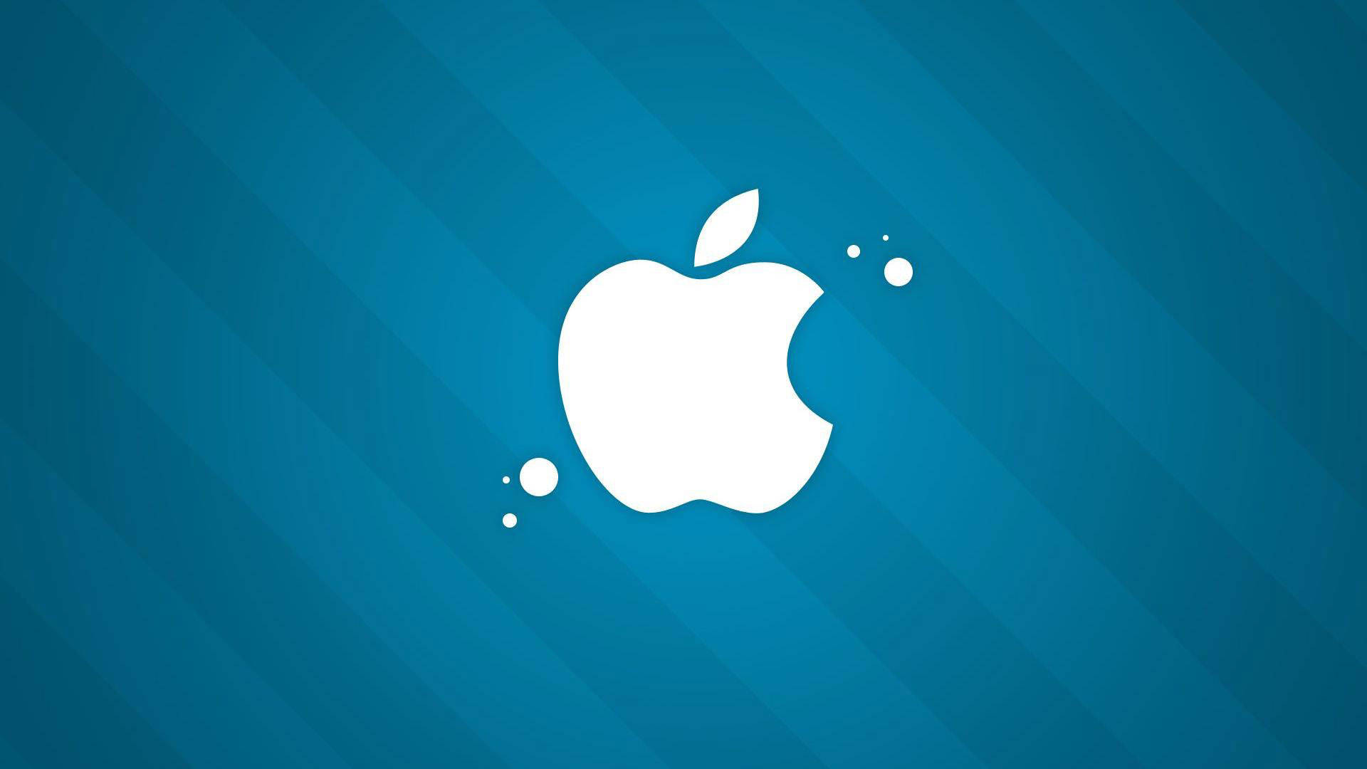 冷藍色蘋果 壁紙 — 一個白色Apple標誌漂浮在帶有對角線條和浮動點的漸變藍色背景上。
