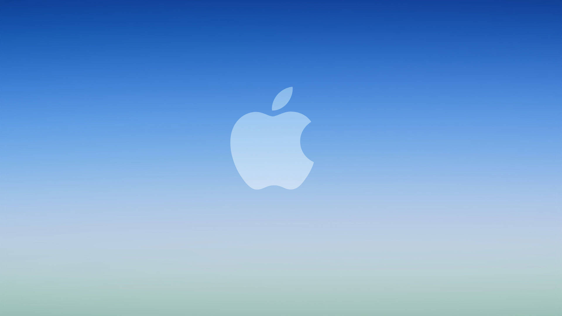 冷藍蘋果漸層 壁紙 — 一個簡約的Apple標誌漂浮在從深藍色過渡到柔和綠色的寧靜漸變天空上。