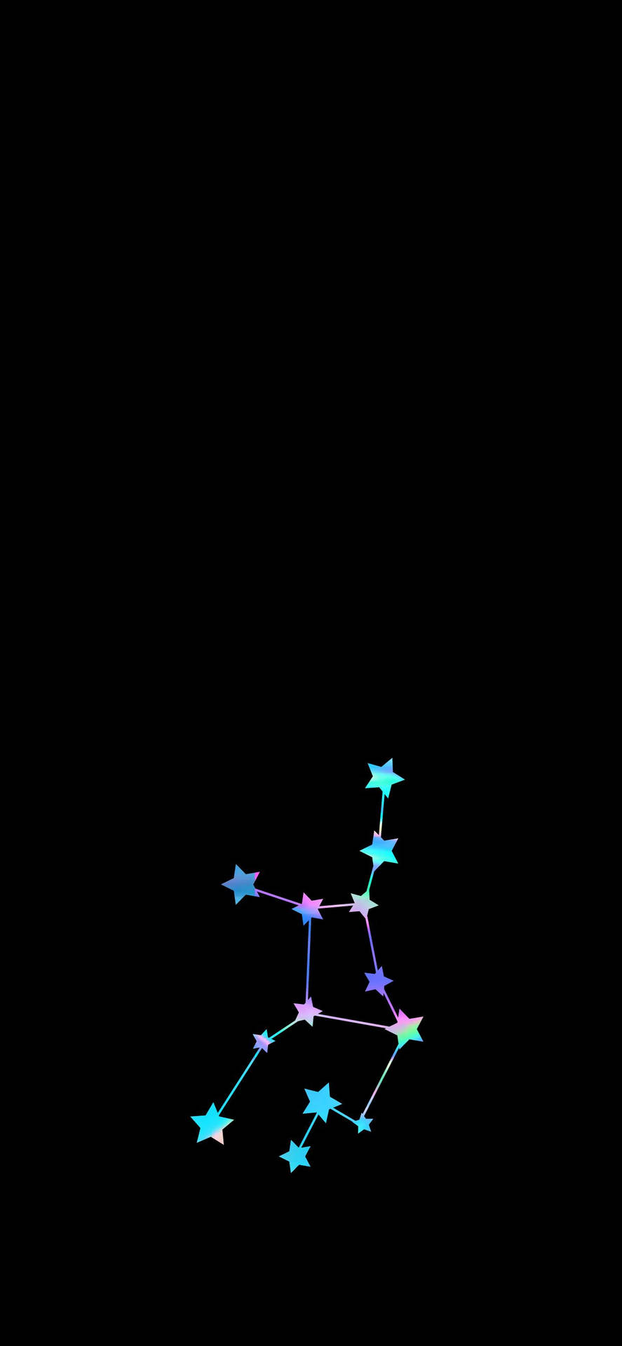 發光的多彩星星在黑色背景上形成星座。