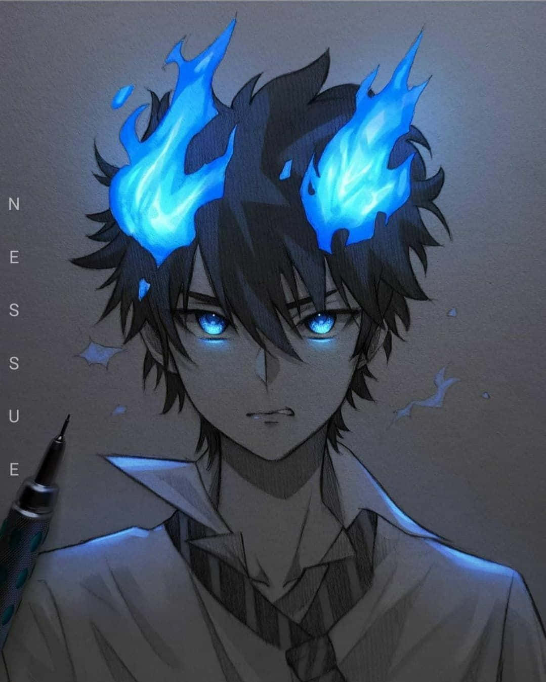 動漫角色，擁有藍色火焰角和發光的眼睛，穿著校服。 — 可愛動漫 壁紙