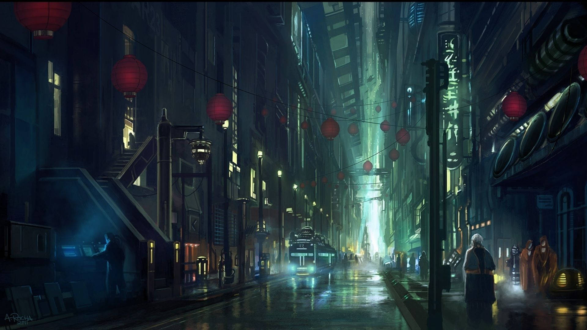 夜晚未來城市小巷，發光的霓虹燈招牌和紅色燈籠倒映在潮濕的路面上。