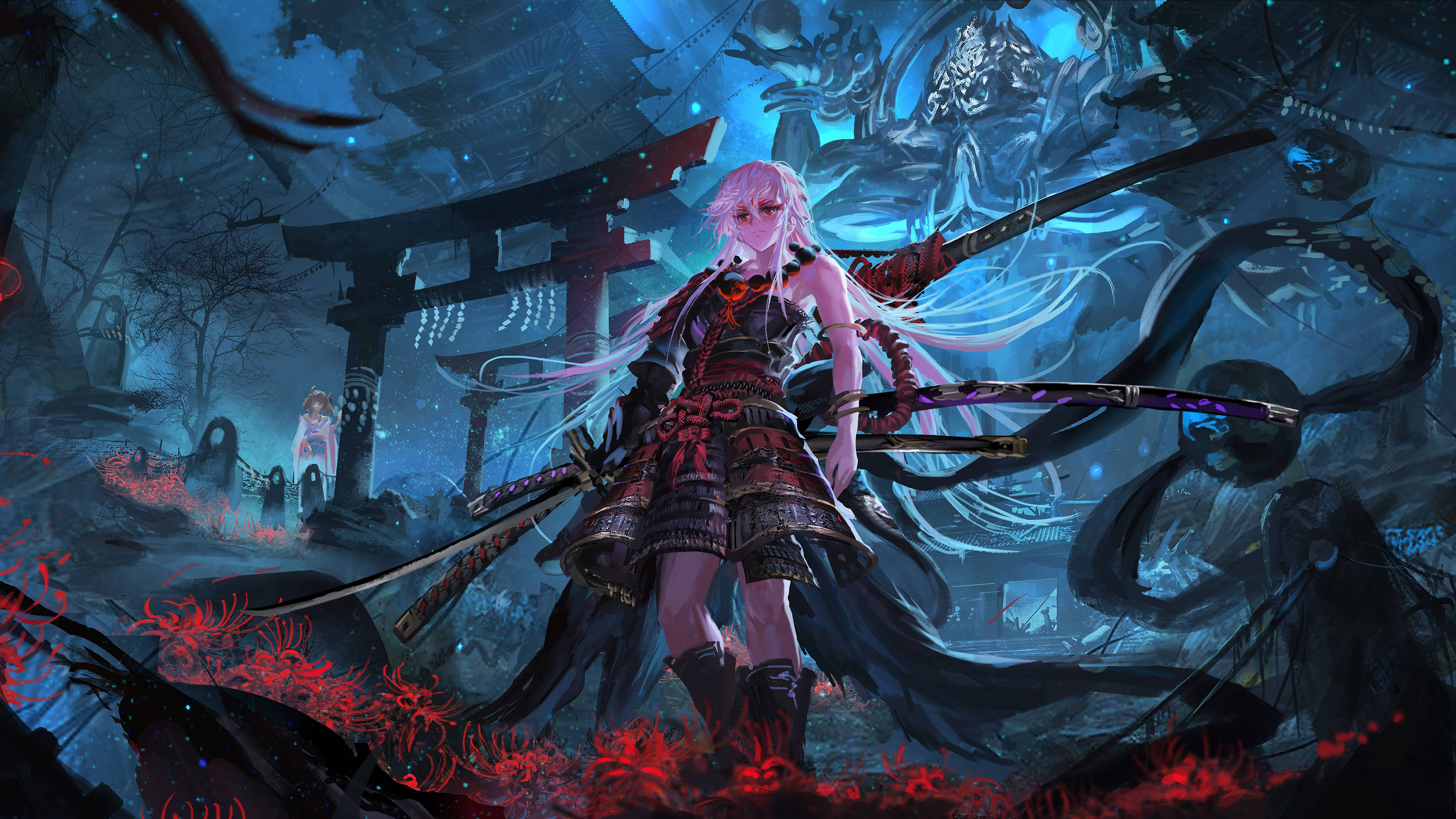 冷酷動畫武士女孩 壁紙 — 一位粉紅色頭髮的動漫戰士身穿武士鎧甲，在月光下，在發光的紅花和鬧鬼的神社中挑釁地站立。