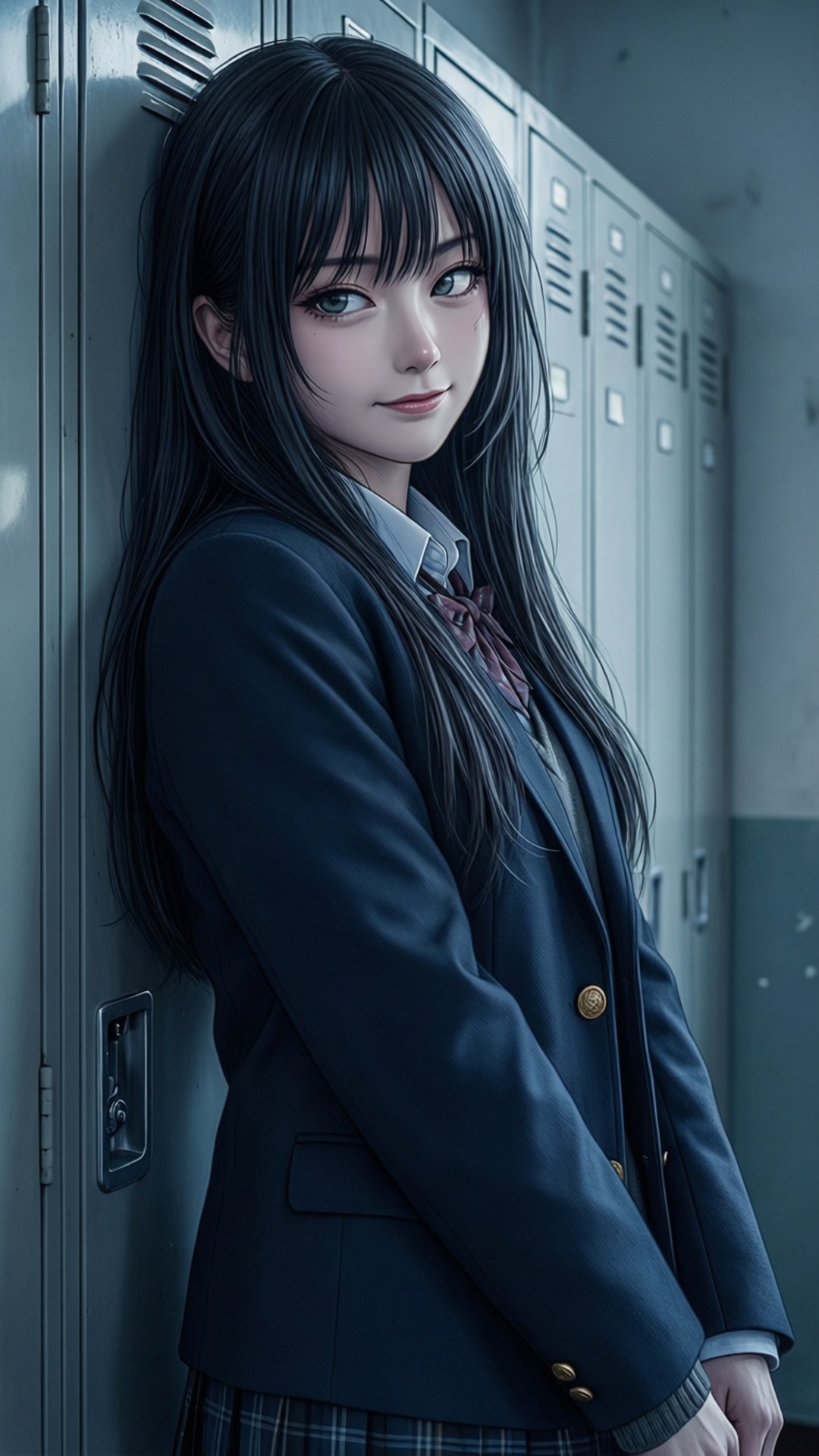 動漫女學生穿校服靠在走廊儲物櫃上
