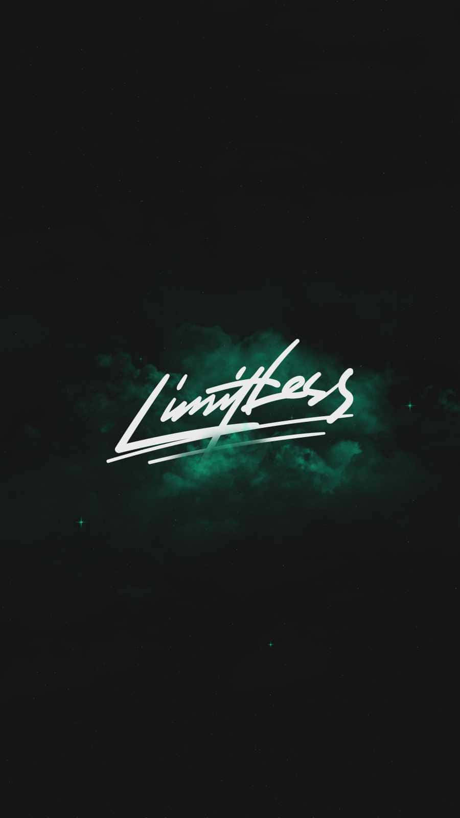 在深色太空背景上，帶有藍綠色雲團和星星的發光白色文字「Limitless」。