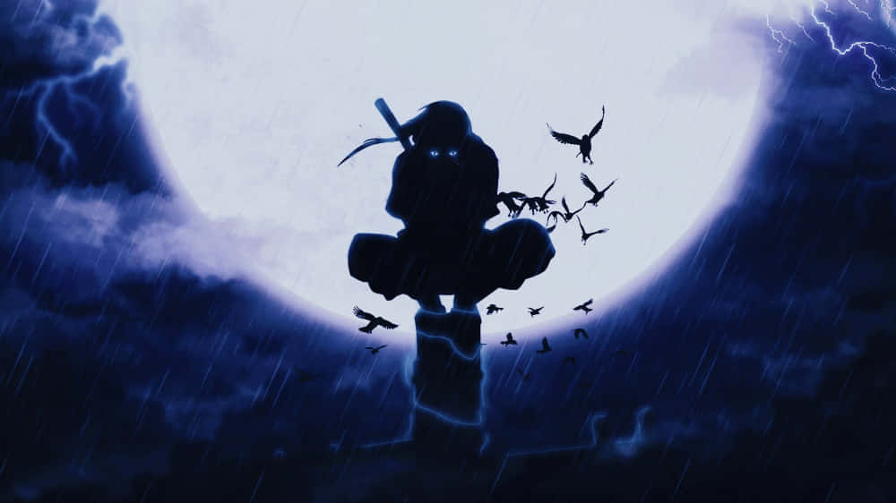 發光眼睛的忍者坐在被閃電擊中的柱子上，滿月之下，鳥兒在暴風雨中飛翔。