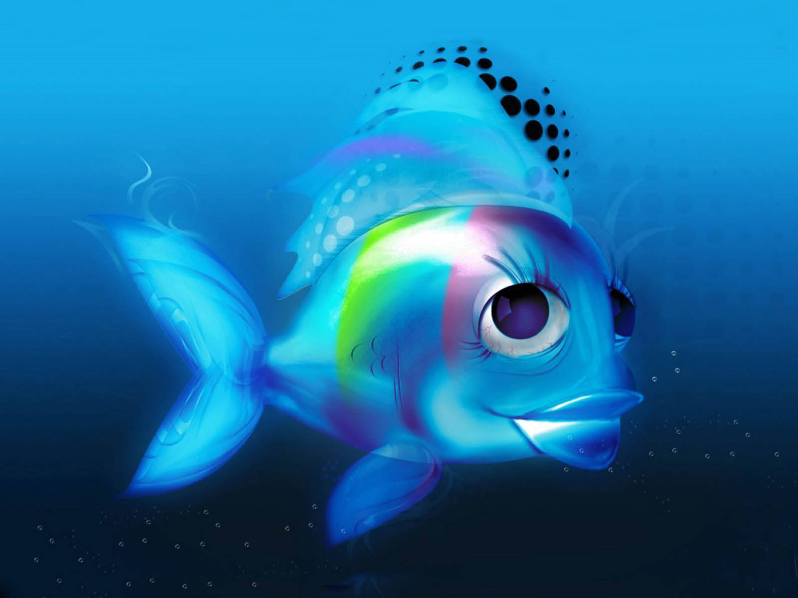 冷酷魚可愛大眼 壁紙 — 一條卡通魚，有大眼睛和彩虹條紋，在深藍色海水中游動。