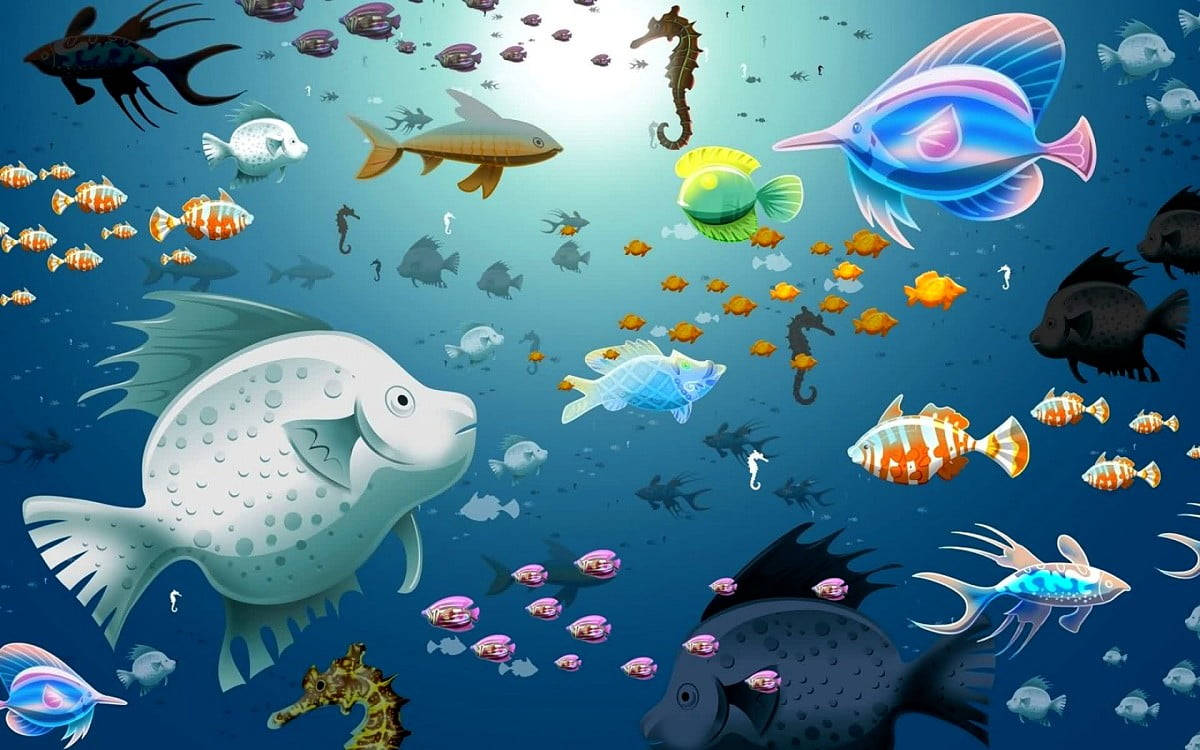 冷酷魚數位藝術 壁紙 — 色彩繽紛的卡通魚和海洋生物在陽光普照的藍色海洋中暢游，充滿了豐富多彩的海洋生物。