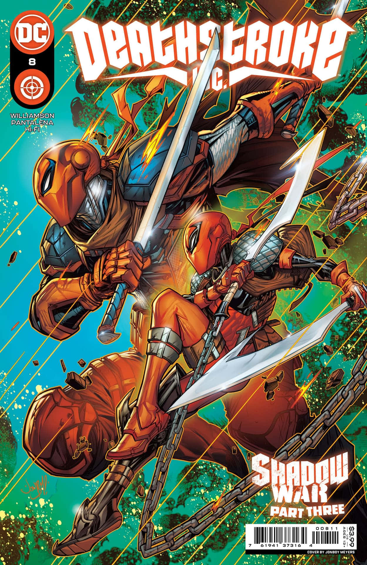 Deathstroke 和 Deadpool 在漫畫書封面上用劍和鏈條戰鬥。
