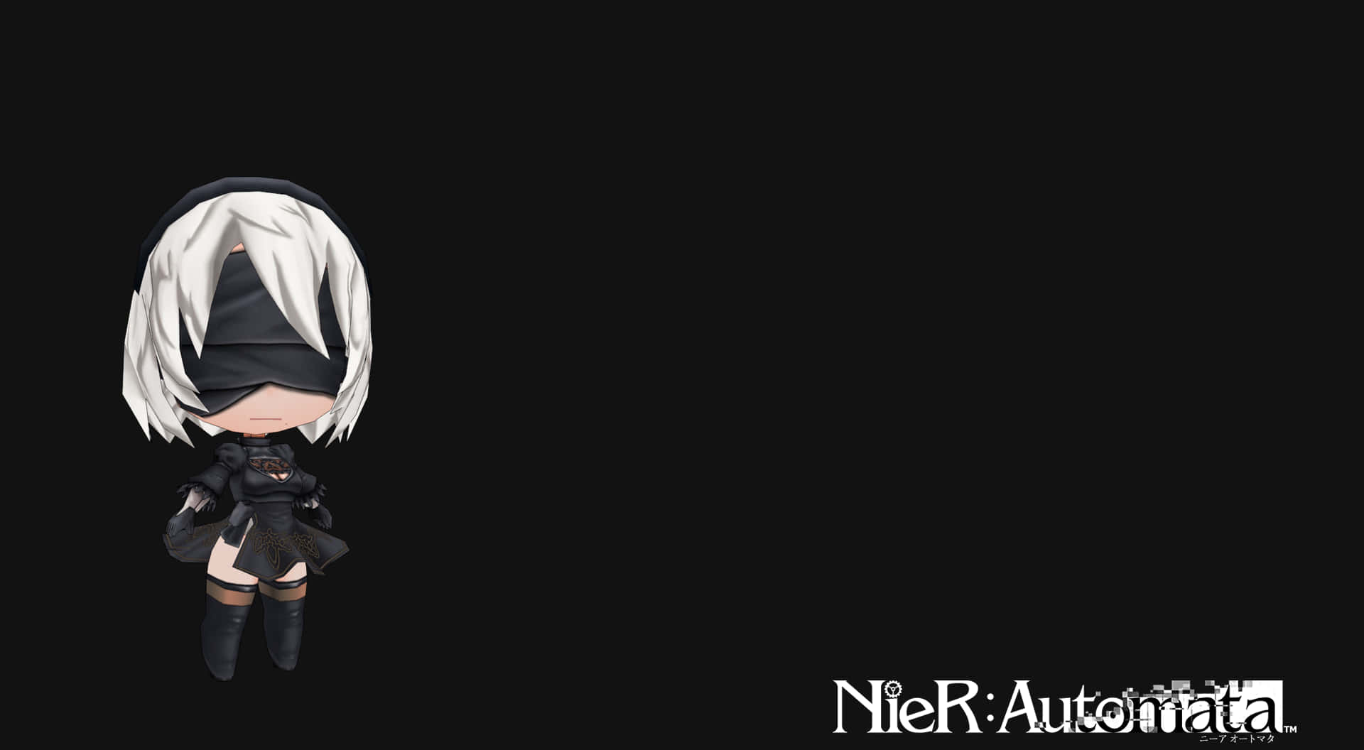 來自《NieR Automata》的Q版動漫角色2B，黑色背景。