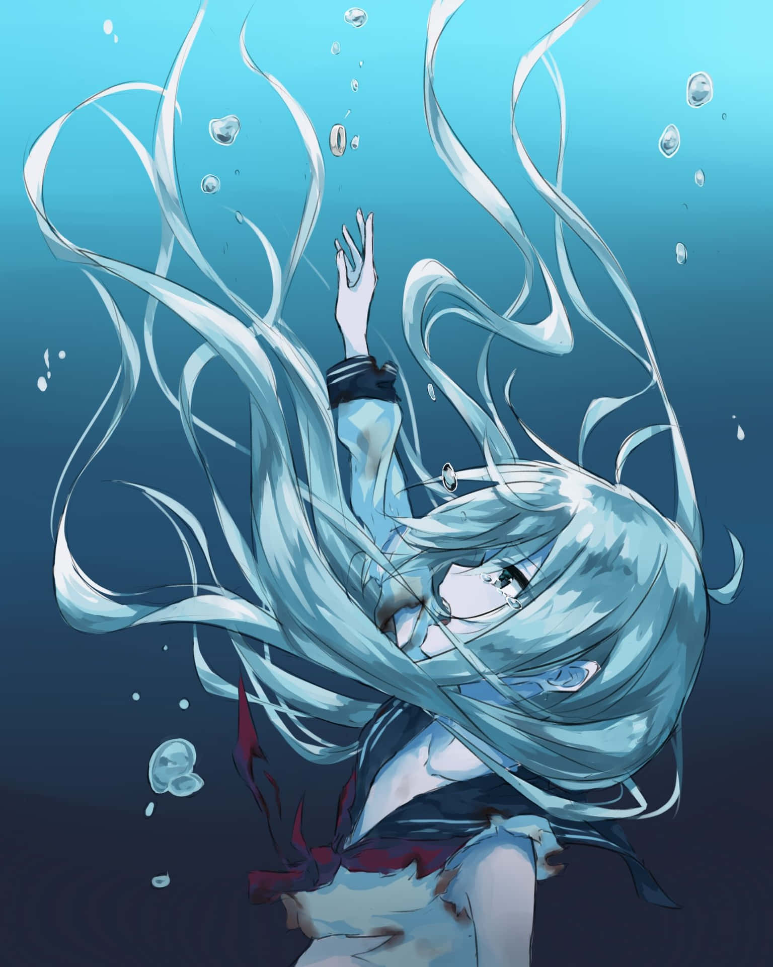 長藍髮的動漫女孩被氣泡包圍，漂浮在水中。