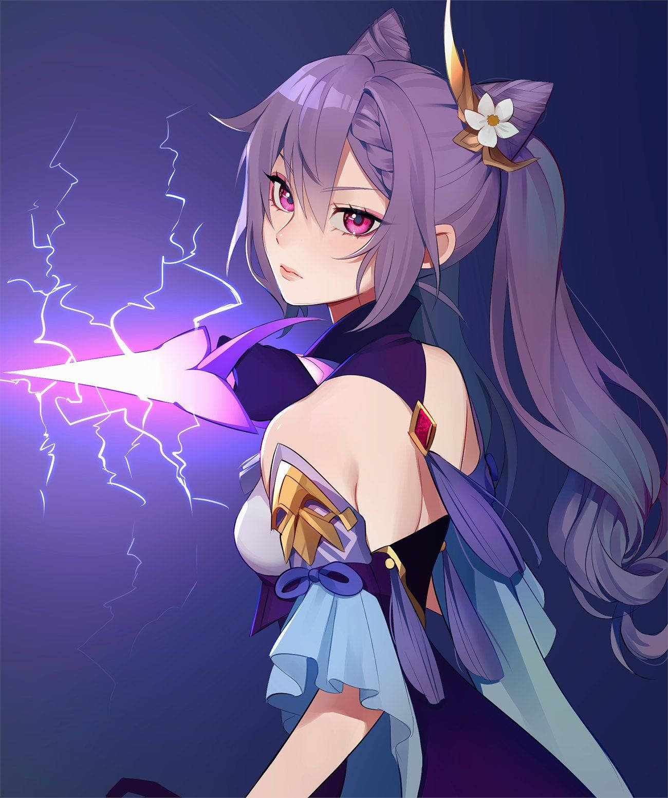 紫髮貓耳動漫女孩揮舞著發光的閃電劍。