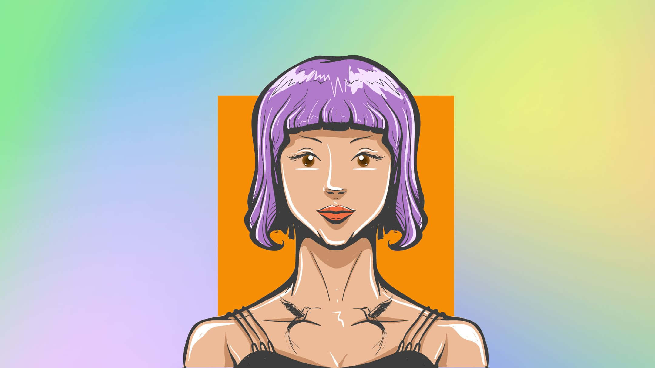 冷靜的抽象本質 壁紙 — 一位風格化的動漫女性，紫色鮑伯頭和鳥紋身，在充滿活力的漸變背景前凝視前方。